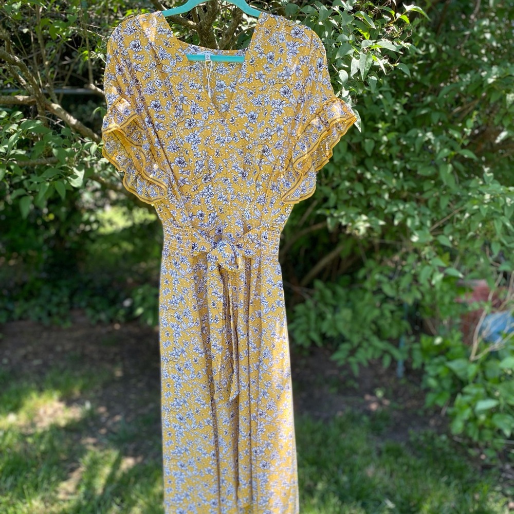 COPY - Max Studio Gold Floral Patterned Midi V-Neck Tie Front Dress XL NWT